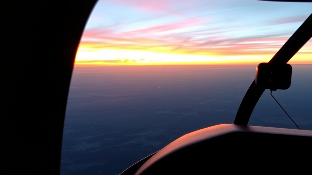 Sunset view from small aircraft cockpit showing colorful sky gradient over distant landscape and terrain below with instrument panel visible