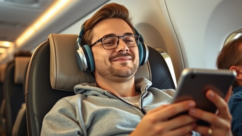 Traveler wearing noise-canceling headphones and comfortable travel clothes, relaxing in airplane seat with personal entertainment device, cabin interior visible, warm cabin lighting, peaceful expression