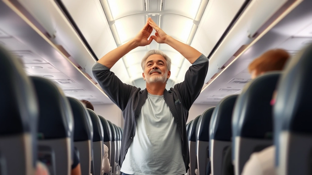 Passenger performing in-aisle stretches during flight, standing in airplane aisle with hands reaching overhead, other passengers visible in background, natural cabin lighting, demonstrating wellness movement