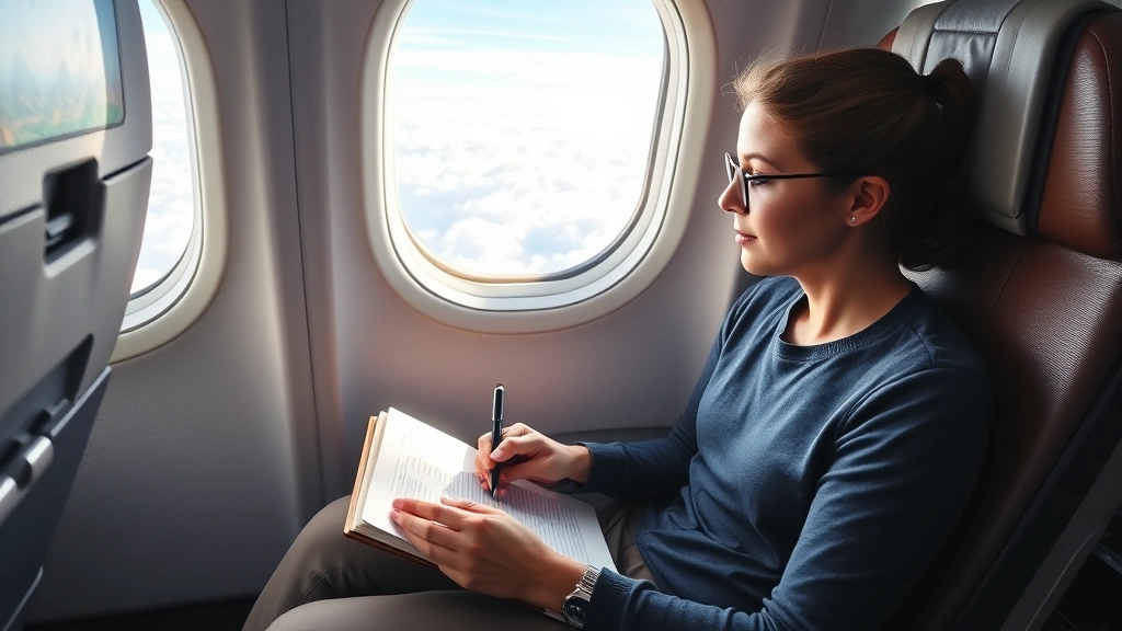 Traveler journaling in airplane seat with window view of clouds and sky, notebook and pen in hands, natural window light streaming in, peaceful focused expression, modern aircraft interior