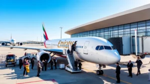 Modern airport terminal with Emirates aircraft parked at gate, passengers boarding through jet bridge, professional ground crew coordinating operations, bright daylight, clear blue sky