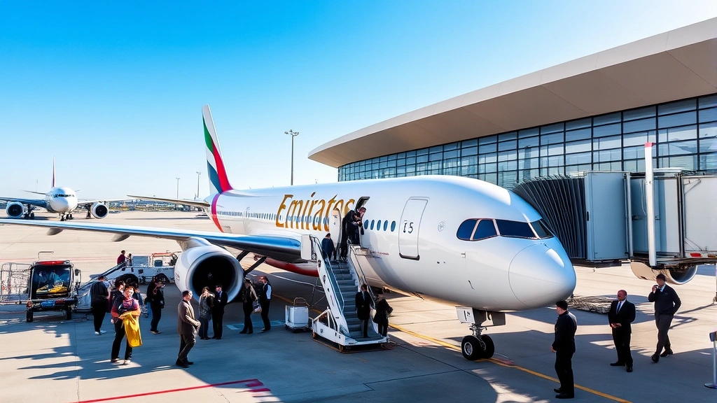Modern airport terminal with Emirates aircraft parked at gate, passengers boarding through jet bridge, professional ground crew coordinating operations, bright daylight, clear blue sky