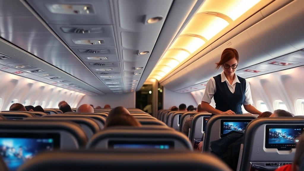 Airplane cabin interior showing comfortable seating, modern in-flight entertainment screens, overhead bins, professional flight attendant serving passengers, warm ambient lighting, long-haul aircraft cabin