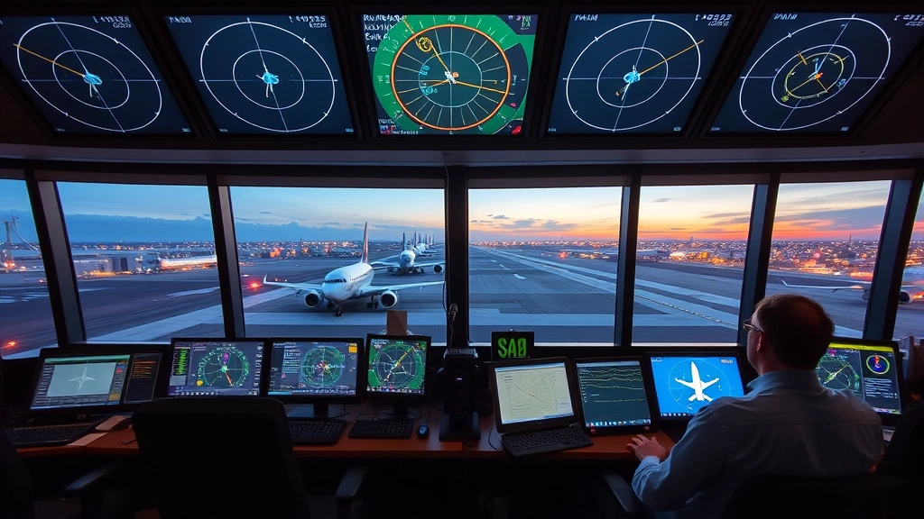 Aviation control tower with multiple radar screens displaying flight paths and aircraft positions, controllers monitoring operations, real-time flight data visualizations, professional workspace, evening lighting