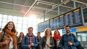Diverse travelers at modern airport terminal with digital departure boards, natural sunlight streaming through large windows, excited expressions, luggage and backpacks visible