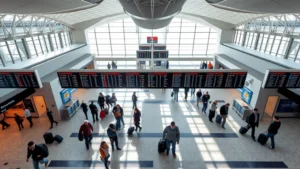 Overhead view of a modern airport terminal with departure boards and travelers with luggage, bright natural lighting, bustling atmosphere