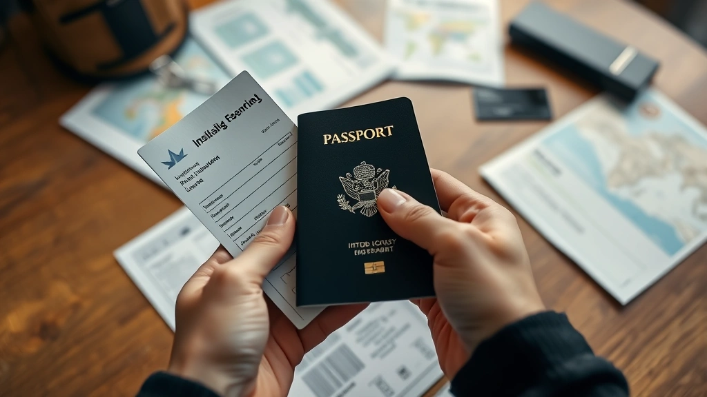 Close-up of hands holding international passport with airplane boarding pass, credit card on wooden table, travel planning documents scattered around, warm indoor lighting