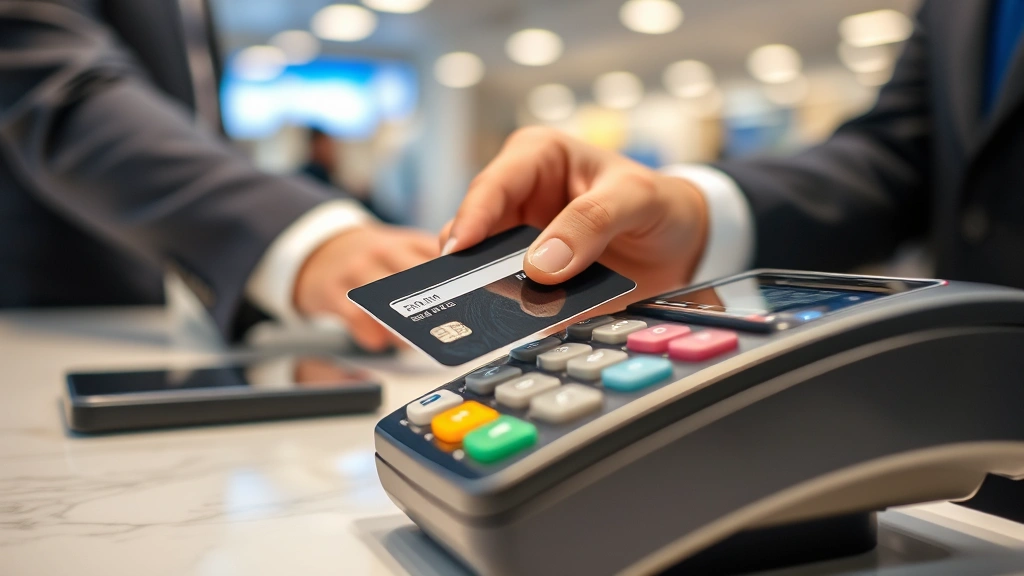 Close-up of a credit card being inserted into a payment terminal at an airline counter, professional banking environment, clear focus