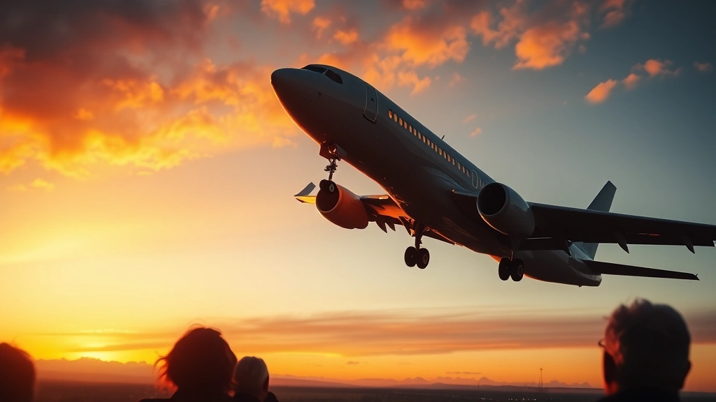 Wide shot of an airplane taking off at sunset with warm golden light, passengers visible through windows, sense of adventure and travel freedom
