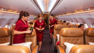 Emirates Airbus A380 cabin interior with flight attendants in burgundy uniforms serving champagne to First Class passengers in luxurious leather seats, warm golden lighting, professional hospitality atmosphere