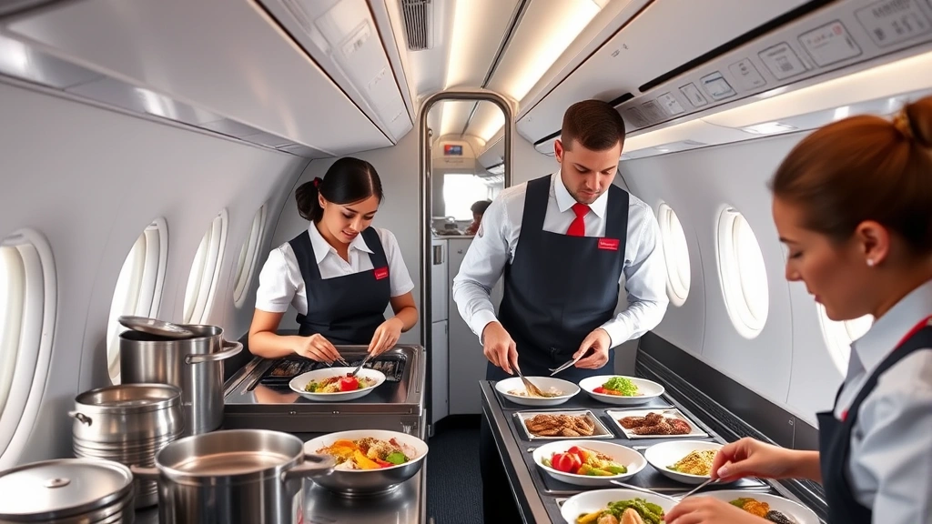 Flight attendants preparing meals in Emirates galley during flight, organizing premium food service, stainless steel equipment, focused concentration, mid-flight professional environment, natural cabin lighting