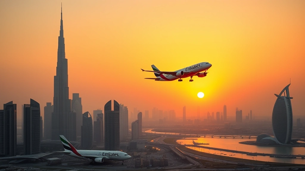 Dubai skyline at sunset with Emirates aircraft taking off, modern cityscape with Burj Khalifa and Palm Jumeirah visible, golden hour lighting, aviation operations hub, international travel gateway