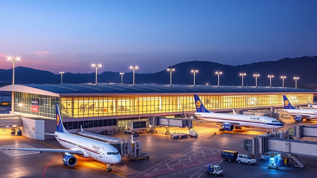 Taipei Taoyuan International Airport terminal exterior with modern architecture, aircraft parked at gates, vibrant daytime lighting, bustling airport activity visible