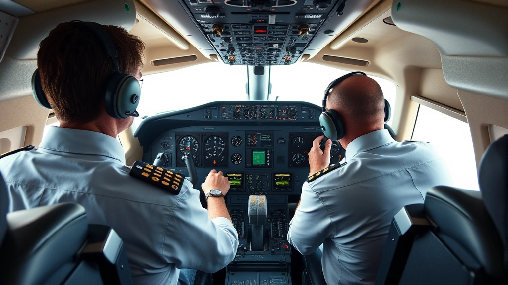 Airplane cockpit interior showing pilots in uniform managing complex instrument panels during flight operations, professional aviation environment, realistic modern avionics displays