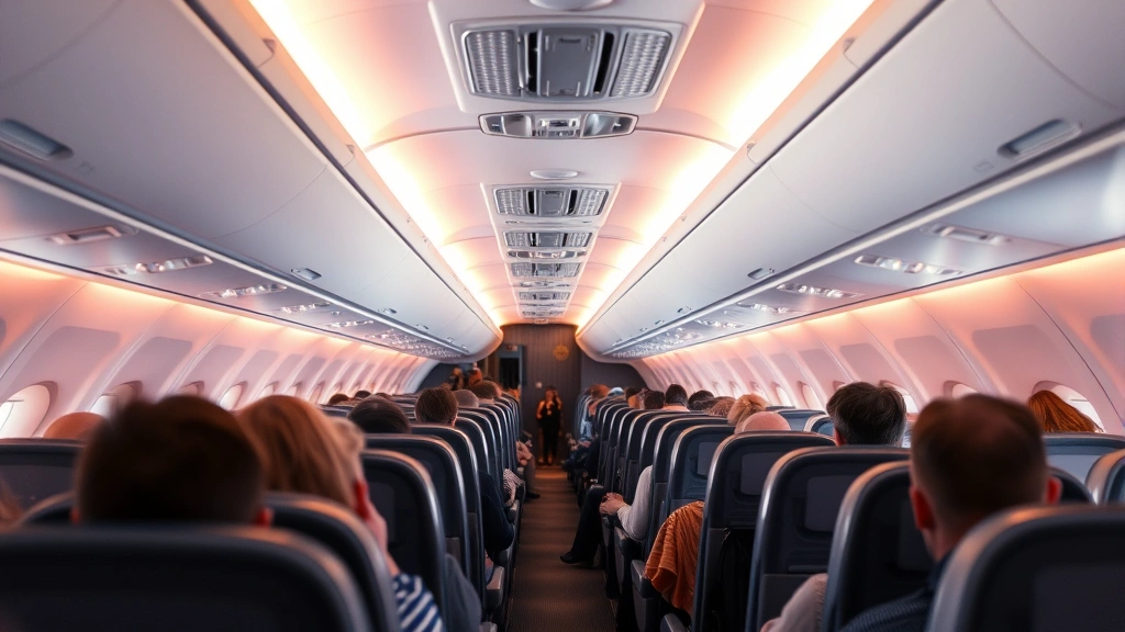 Modern airplane cabin interior with passengers seated, overhead compartments, and warm cabin lighting during flight