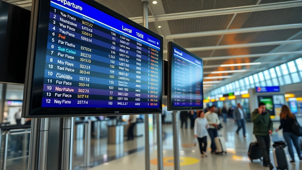 Modern airport terminal departure board displaying colorful flight information with multiple flights and status updates, travelers walking past with luggage in background, professional airport lighting, bustling atmosphere