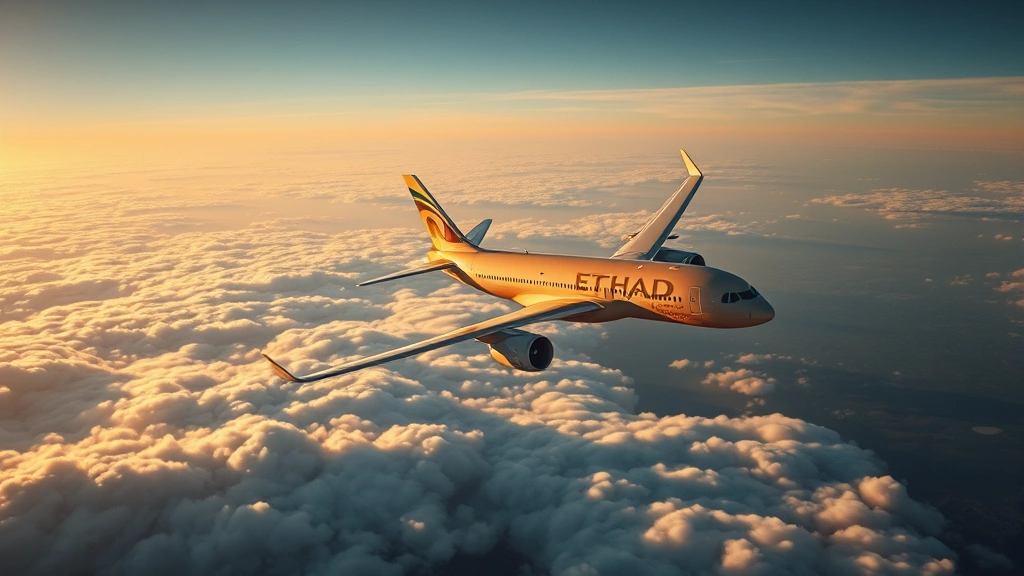 Airplane in flight over dramatic landscape with clouds below, modern Etihad Airways aircraft in flight, golden hour sunlight, scenic aerial perspective, motion and adventure feeling