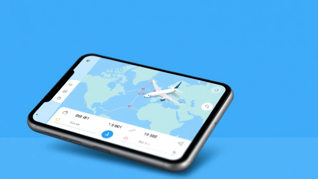 Smartphone showing flight tracking app interface with real-time flight map, aircraft icon moving across route, departure and arrival times visible, modern mobile display, clean interface design