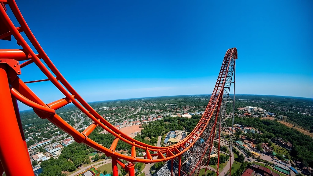 Falcon's Flight roller coaster towering high above amusement park landscape, steep track angles and inversions visible, dramatic blue sky background, dynamic angle showing scale