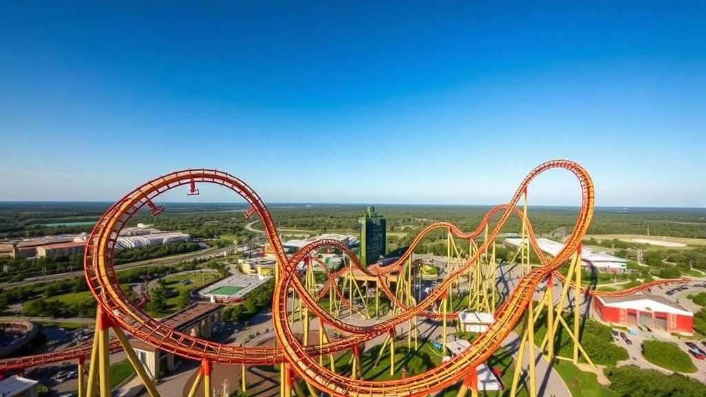 Aerial view of Falcon's Flight roller coaster track with steep curves and inversions against blue sky, full track layout visible, surrounding park scenery