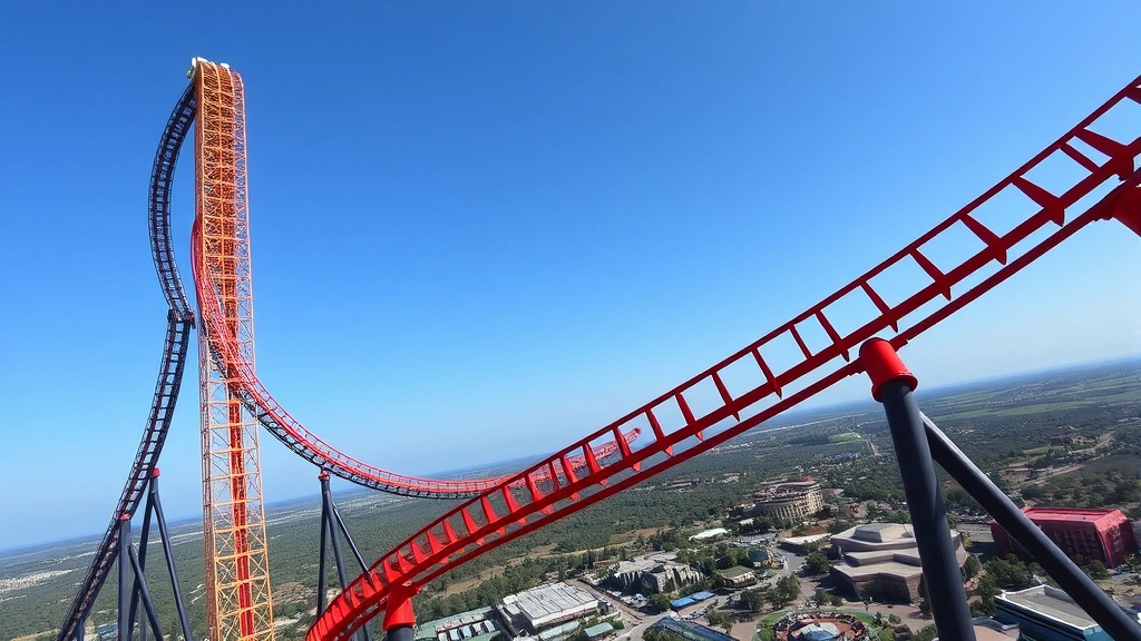 Falcon's Flight hypercoaster towering against blue sky, showing full track structure with dramatic angles and inversions, aerial perspective of theme park landscape below