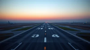 Regional airport runway at dawn with multiple runway designations visible, runway lights illuminated, clear weather conditions, no text visible