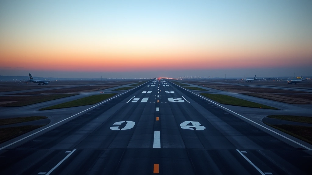 Regional airport runway at dawn with multiple runway designations visible, runway lights illuminated, clear weather conditions, no text visible