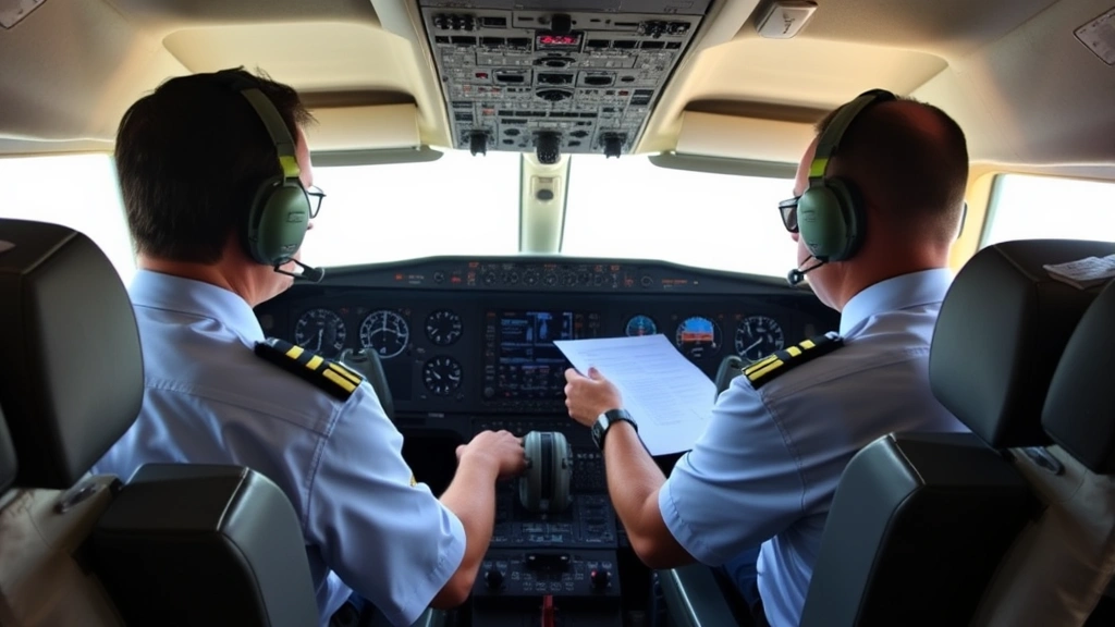 Cockpit interior showing instruments and controls during preflight check, captain and first officer reviewing procedures, professional aviation environment