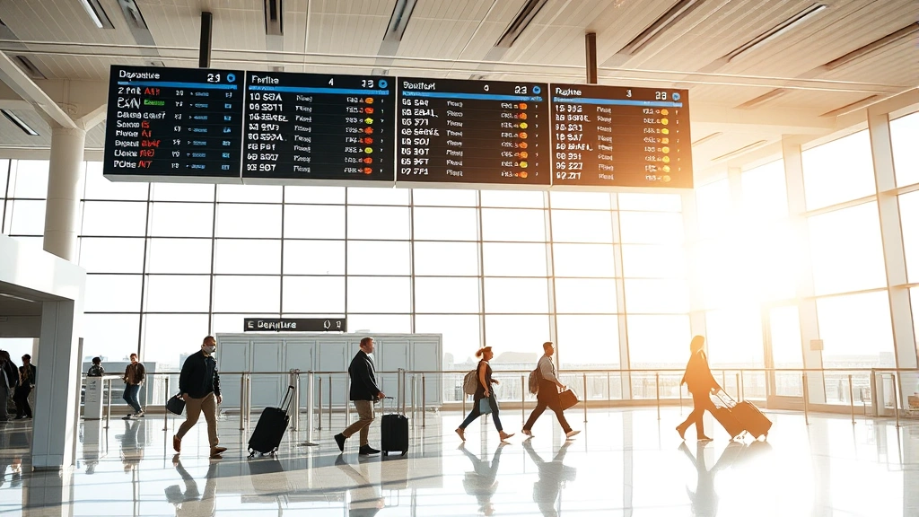 Modern airport terminal with departure board displaying flight information, sunlight streaming through large windows, travelers walking with luggage