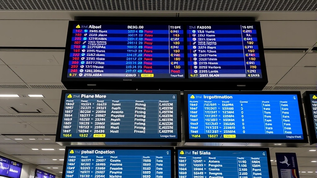 Airport departure board displaying real-time flight information and status updates for multiple destinations, digital screens showing gates and times
