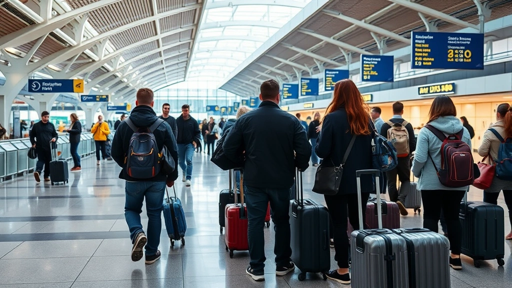 Passengers waiting at airport terminal with luggage, modern aviation infrastructure and boarding areas visible, casual travel atmosphere