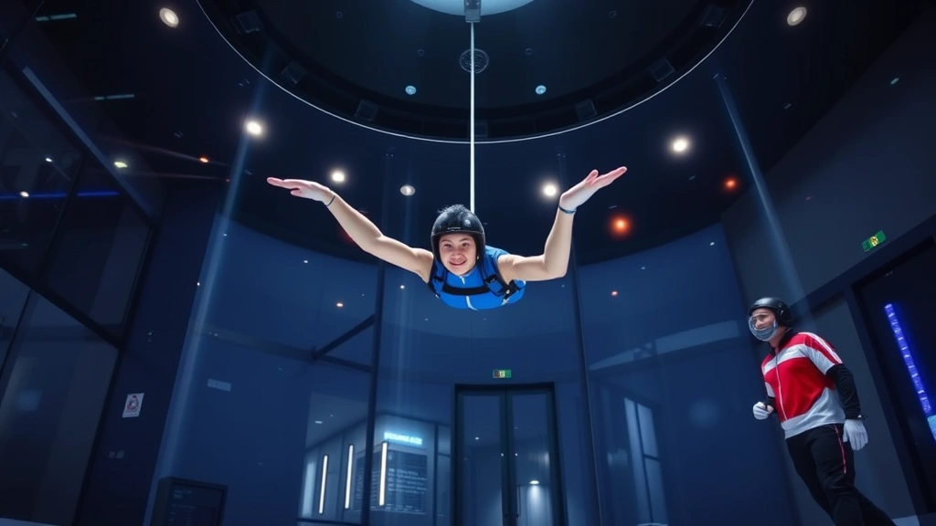 Indoor skydiving wind tunnel facility with person suspended in mid-air demonstrating body position, bright modern equipment visible, professional instructor alongside, dynamic action shot