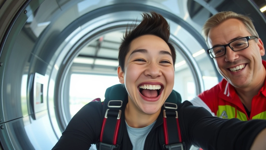 Close-up of visitor exiting wind tunnel with genuine expression of exhilaration and joy, instructor assisting, modern facility interior, action-captured moment showing authentic emotion