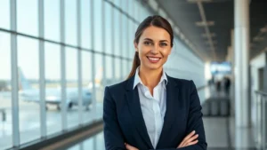 Professional woman in navy blazer and white shirt standing in modern airport terminal with aircraft visible through windows, polished appearance, confident posture, natural lighting