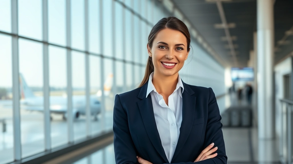 Professional woman in navy blazer and white shirt standing in modern airport terminal with aircraft visible through windows, polished appearance, confident posture, natural lighting