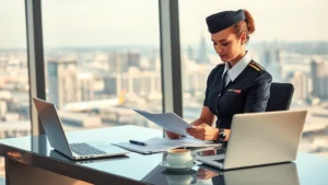 Flight attendant in uniform reviewing financial documents at a modern desk overlooking a city skyline with airports visible in distance, professional setting with coffee and laptop