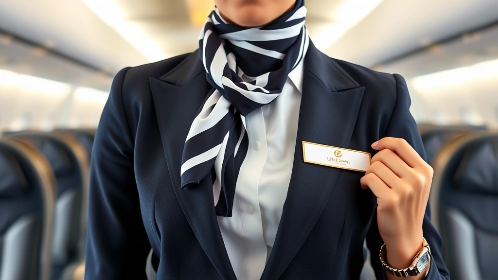 Close-up of flight attendant demonstrating proper uniform presentation including tailored blazer, crisp white blouse, airline scarf, name badge, watch, and minimal jewelry in cabin setting