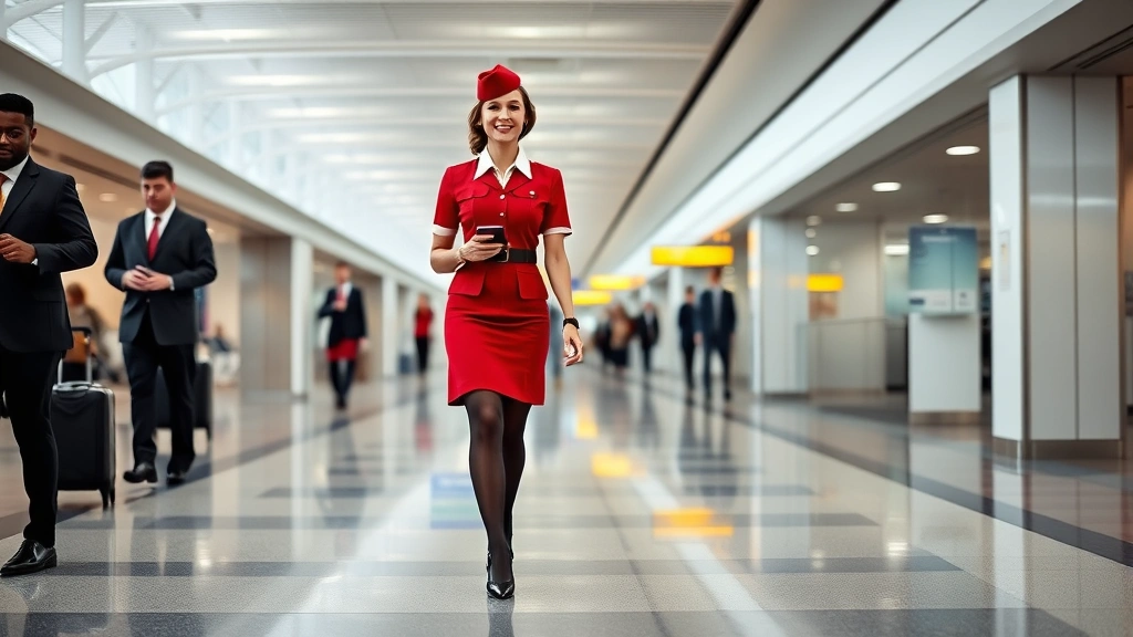 Flight attendant walking through airport concourse in complete uniform showing proper color coordination, footwear, hosiery, and professional appearance standards from head to toe