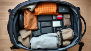 Overhead view of organized travel backpack interior with packed clothing, electronics, and accessories arranged neatly in compartments, natural lighting from above showing contents clearly without any text visible