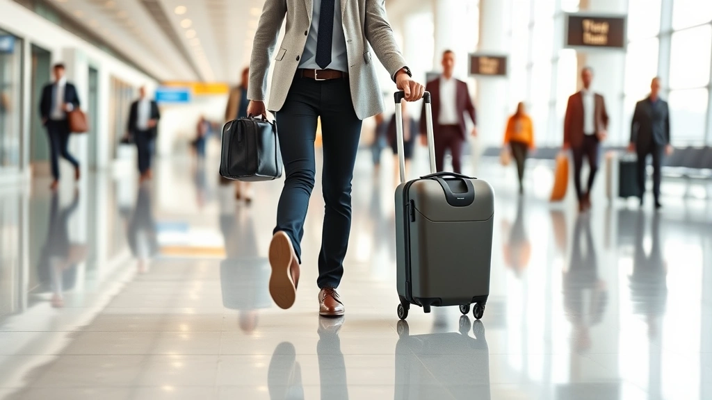 Traveler wheeling modern carry-on luggage through bright airport terminal with polished floors, walking confidently with proper posture, blurred passengers in background, professional business casual attire