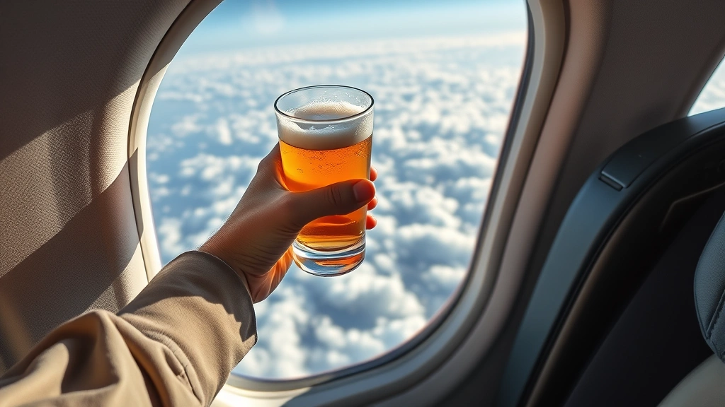 Aerial view of passenger holding cold beer glass during flight service with cabin window showing clouds below, photorealistic, natural lighting, traveler perspective