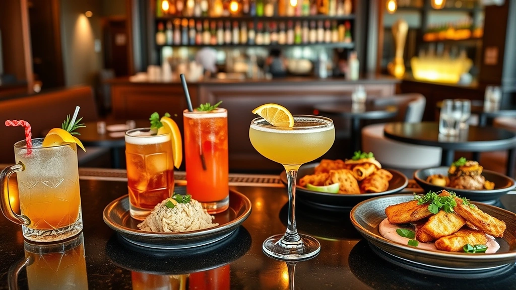 Craft cocktails and elevated pub food displayed on a bar counter, colorful drinks with garnishes, appetizers and entrees arranged professionally in contemporary restaurant setting