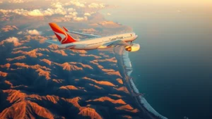 Aerial view of commercial airplane flying over diverse landscape with mountains and ocean, golden hour lighting, photorealistic, travel adventure aesthetic