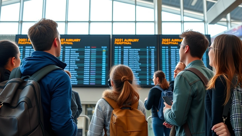 Diverse travelers at modern airport terminal checking digital flight boards, excited expressions, natural lighting through large windows, global travel atmosphere