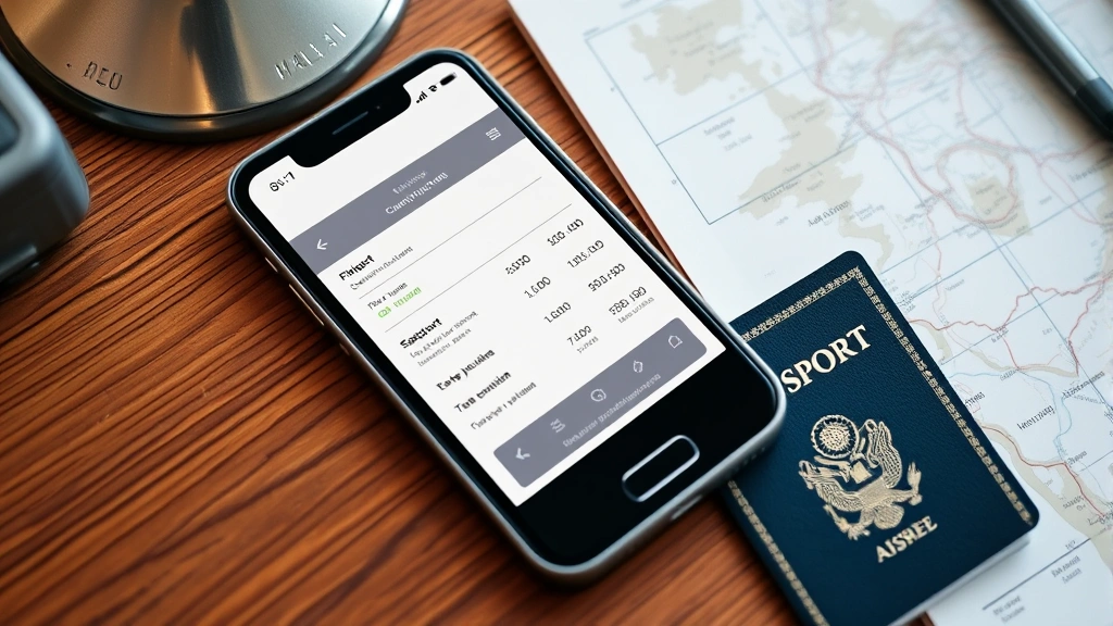 Close-up of smartphone screen displaying flight booking confirmation with price comparison chart, warm desk setting with passport and travel documents, realistic detail
