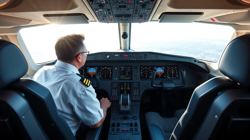 Modern commercial aircraft cockpit with advanced avionics displays and controls, professional pilot in uniform, morning sunlight streaming through windows, sleek dashboard with multiple screens showing flight data