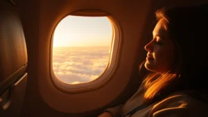 Serene passenger in airplane window seat at sunrise, peaceful expression, looking out at golden clouds below, warm natural lighting, calm cabin atmosphere