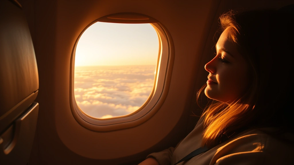 Serene passenger in airplane window seat at sunrise, peaceful expression, looking out at golden clouds below, warm natural lighting, calm cabin atmosphere