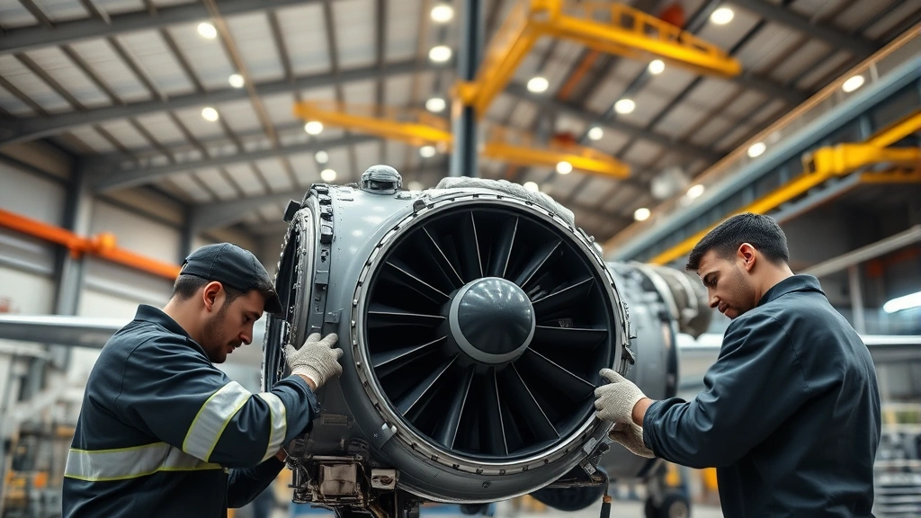Close-up of aircraft maintenance hangar with mechanics inspecting jet engine components, detailed engineering work, safety equipment visible, modern industrial facility, bright overhead lighting illuminating precision tools
