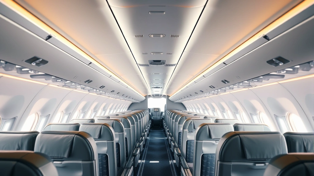 Modern aircraft cabin interior during smooth flight, empty aisle with soft overhead lighting, comfortable seats visible, spacious and clean environment, daytime natural light through windows